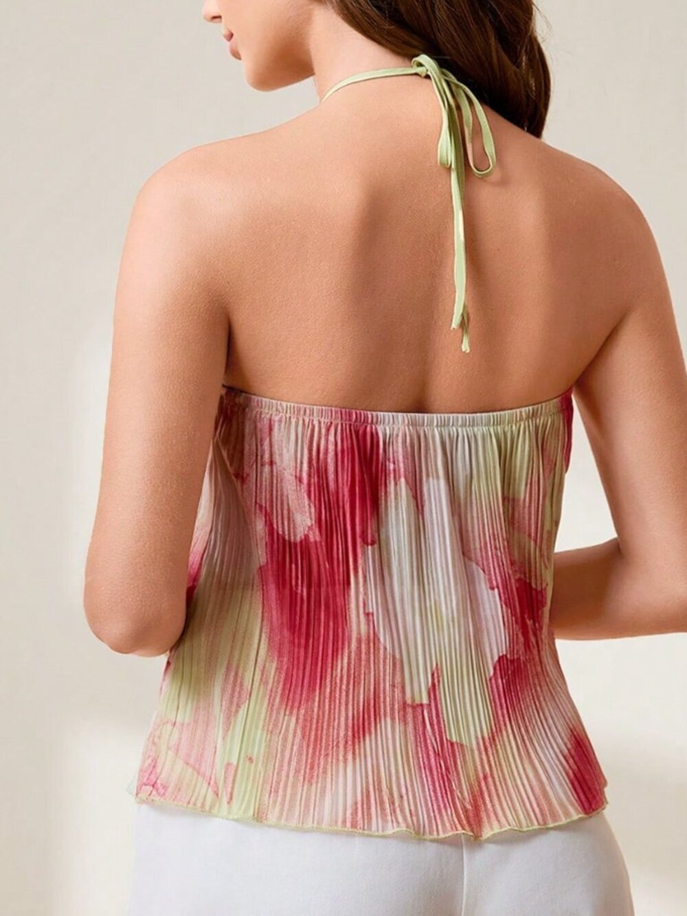 Multicolor Boho Women's Pleated Print Sleeveless Halter Neck Top - Picture 2 of 8